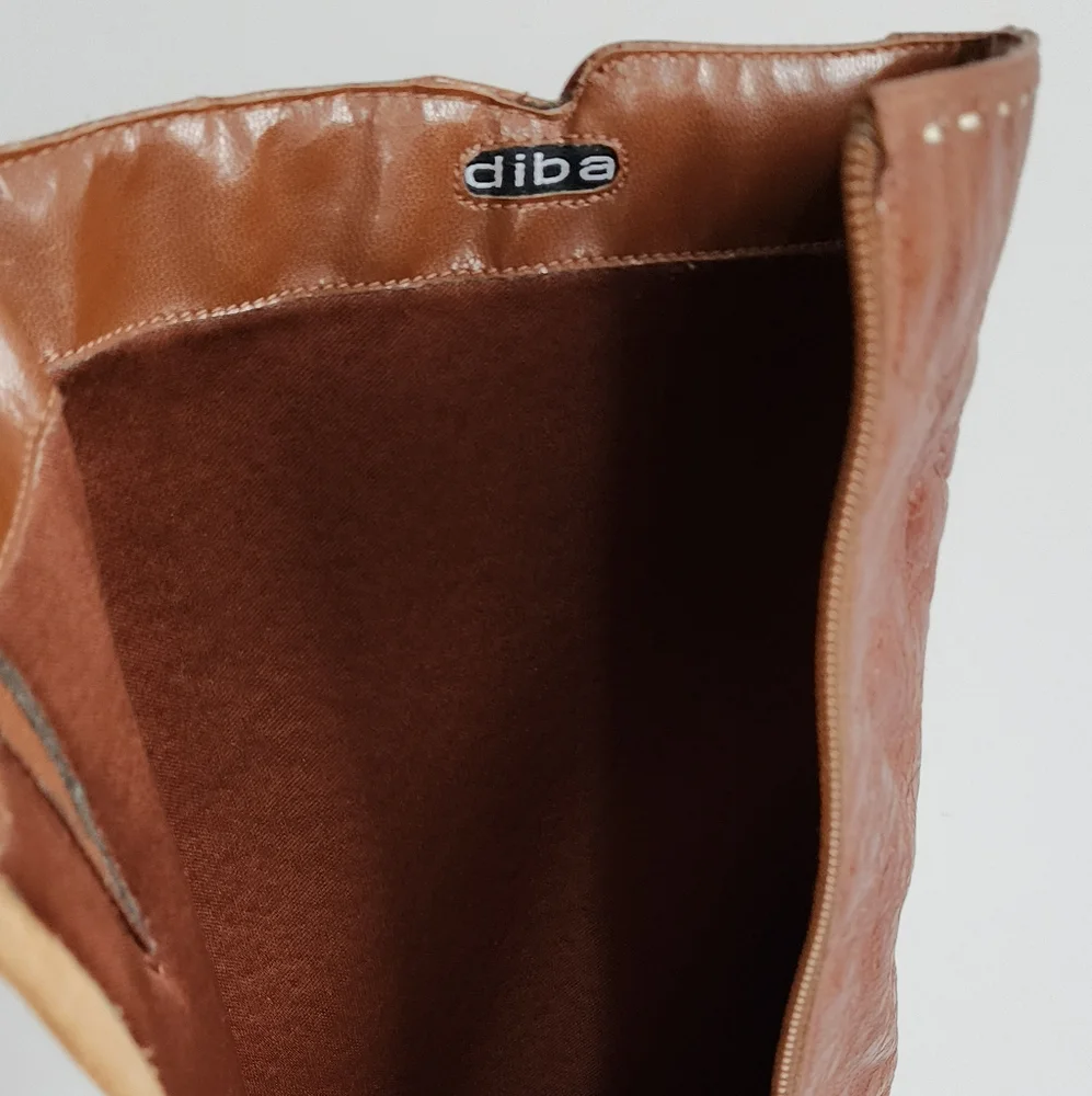 DIBA BOOTS COGNAC BROWN WEDGE HEEL  KNEE HIGH ALMOND TOE BUCKLE LEATHER 7 - Picture 6 of 16